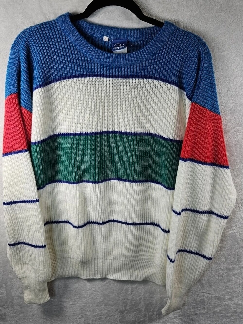 Ocean Pacific Sweater Crewneck Colorblock Stripe White Blue Size Large *Fits M
